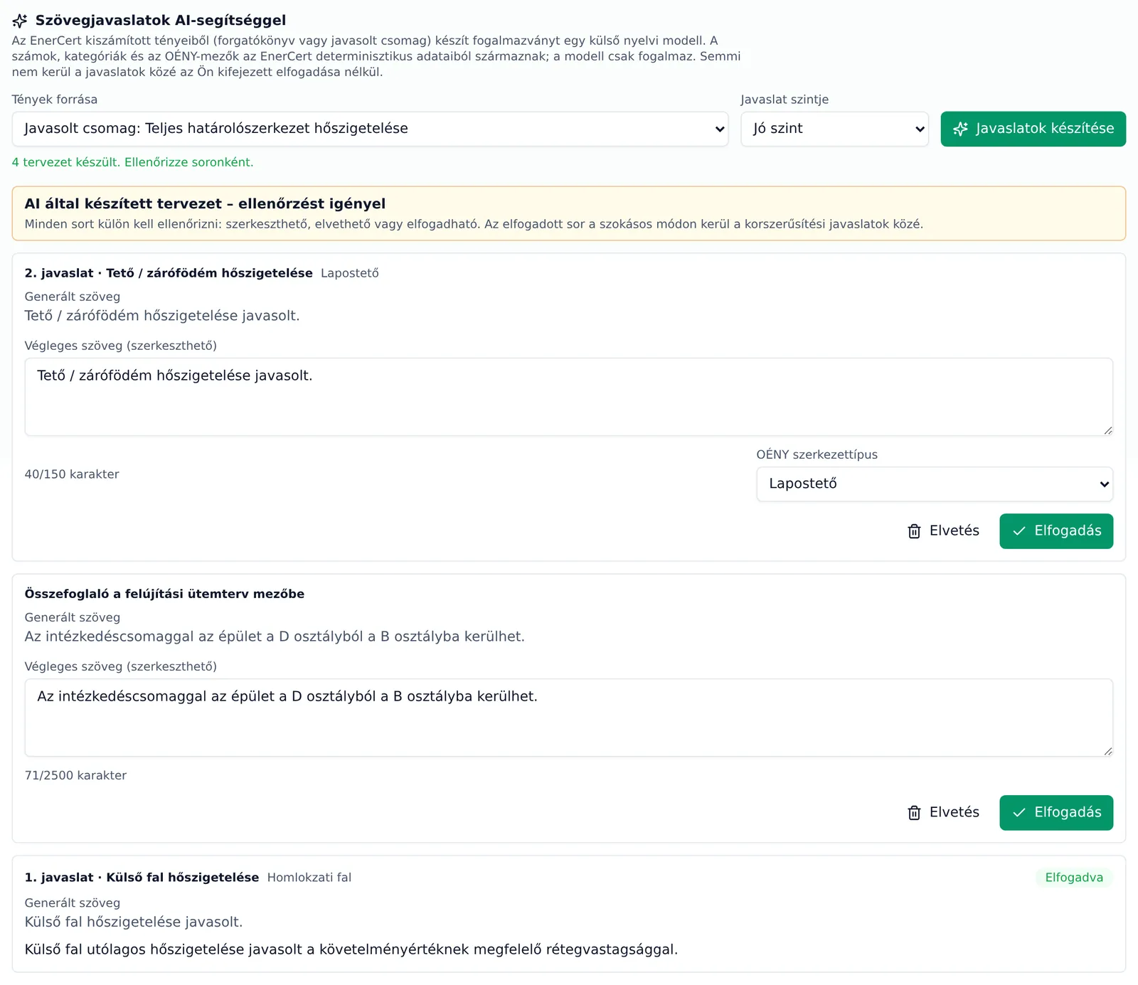 EnerCert korszerűsítési javaslatok képernyő: az AI által készített tervezet soronként, szerkeszthető végleges szöveggel, valamint az elfogadott, az elvetett és az ellenőrzésre váró sorok jelölésével.