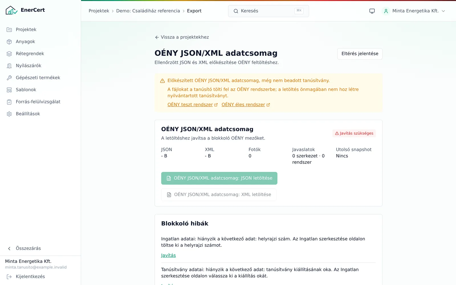 EnerCert OÉNY JSON/XML adatcsomag képernyő: a csomag állapota, a letöltést blokkoló hibák listája javítási hivatkozásokkal és az előkészítés jellegére figyelmeztető jelölés.