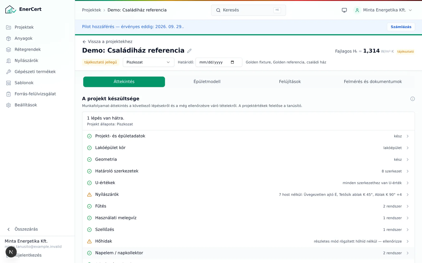 EnerCert projekt áttekintő képernyő: a projekt készültségi listája a következő lépésekkel és a még ellenőrzésre váró tételekkel.