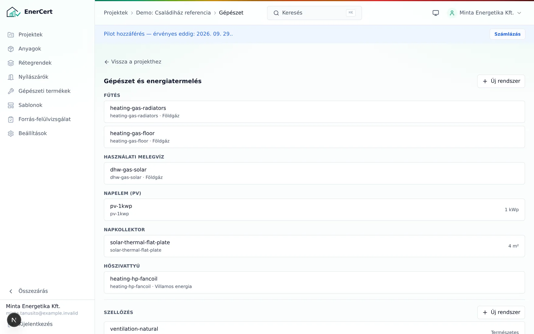 EnerCert gépészet és energiatermelés képernyő: a projekt gépészeti rendszerei rendszertípusonként.
